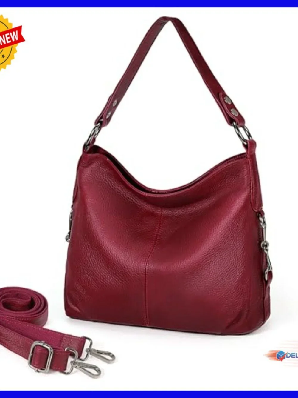 Large Genuine Leather Hobo Shoulder Bag with Crossbody Strap